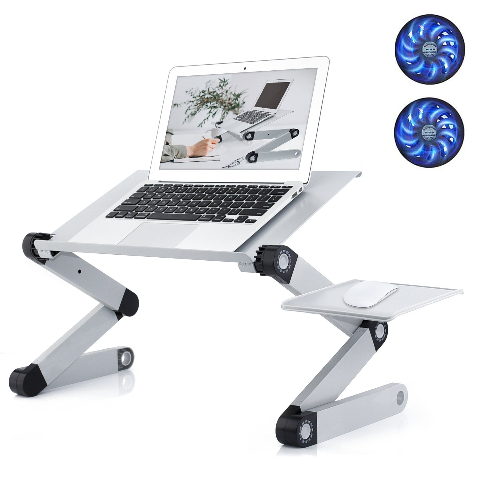 Adjustable Laptop Stand, RAINBEAN Laptop Desk with 2 CPU Cooling USB Fans for Bed Aluminum Lap Workstation Desk with Mouse Pad, Foldable Cook Book Stand Notebook Holder